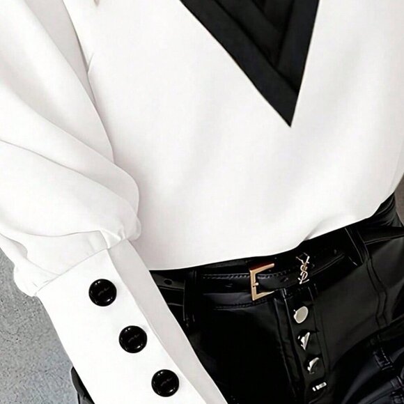 Black & White Elegant Women's V-Neck Lantern Sleeve Blouse - Picture 4 of 4
